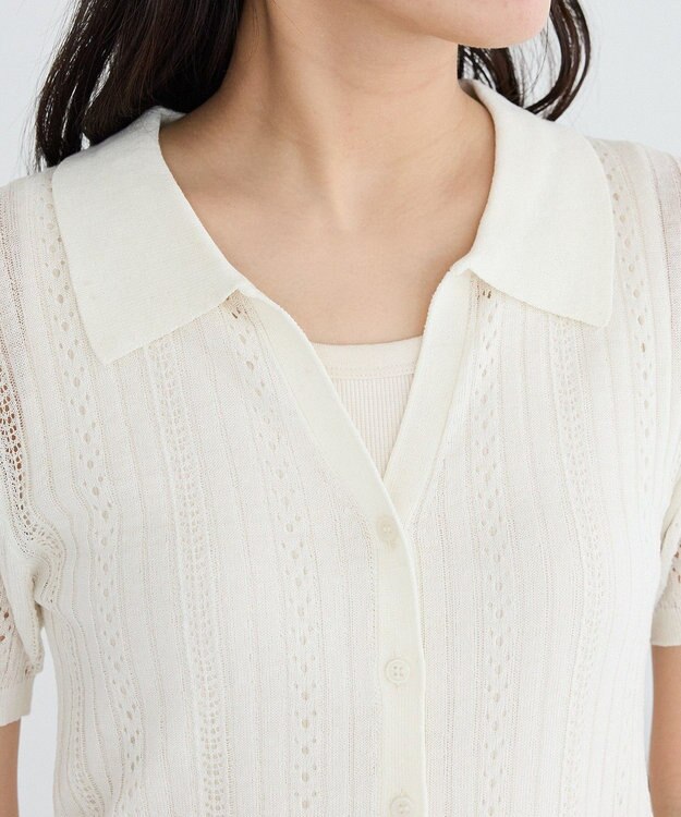 CRAFT STANDARD BOUTIQUE レースニット衿付き半袖カーディガン Off White