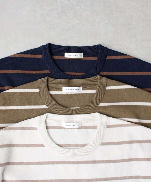 WHITE MAILS 【UNISEX】PAPER YARN BORDER KINT PULLOVER T-シャツ ライトグレー