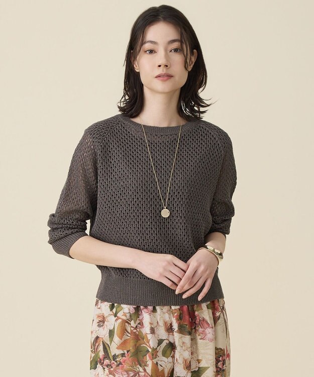 自由区 L リネンミドルゲージメッシュ ニット ブラウンラメ