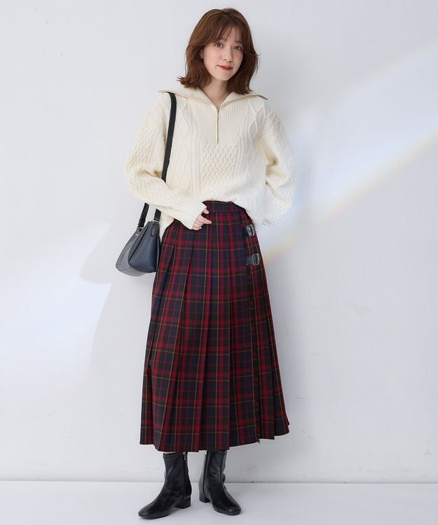 ANY L 【手洗い/ウエストゴム】チェック柄フリンジプリーツスカート レッド
