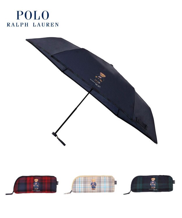 MOONBAT 【WEB限定/軽量】POLO RALPH LAUREN（ポロ ラルフローレン） 折りたたみ傘 ポロベア×チェックパイピング 無地 FLAG BEAR ネイビーブルー
