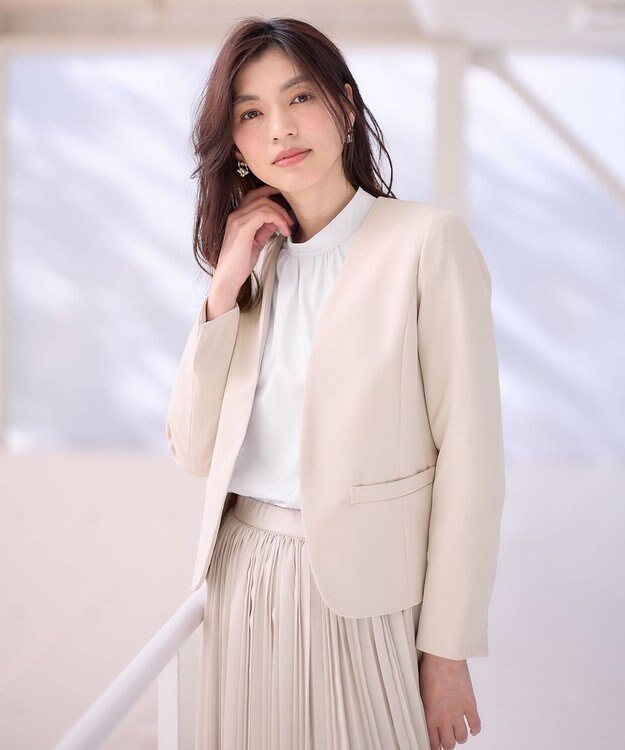 ANY 【WEB限定】ダブルクロスストレッチ Ｖネックノーカラージャケット ベージュ