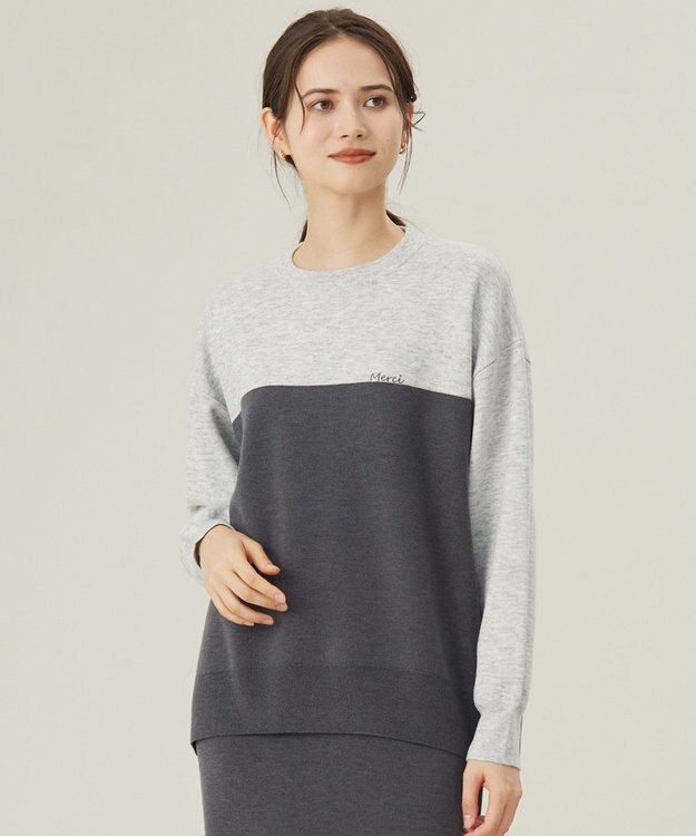 自由区 【カタログ掲載・セットアップ対応・洗える】スムージーブロッキング ニット ライトグレー×スレート