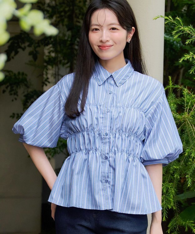 Tiaclasse シャーリングパフスリーブブラウス ブルーストライプ
