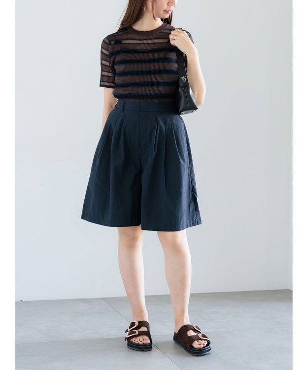 Te chichi シアーマルチボーダーハーフスリーブニット ブラウン