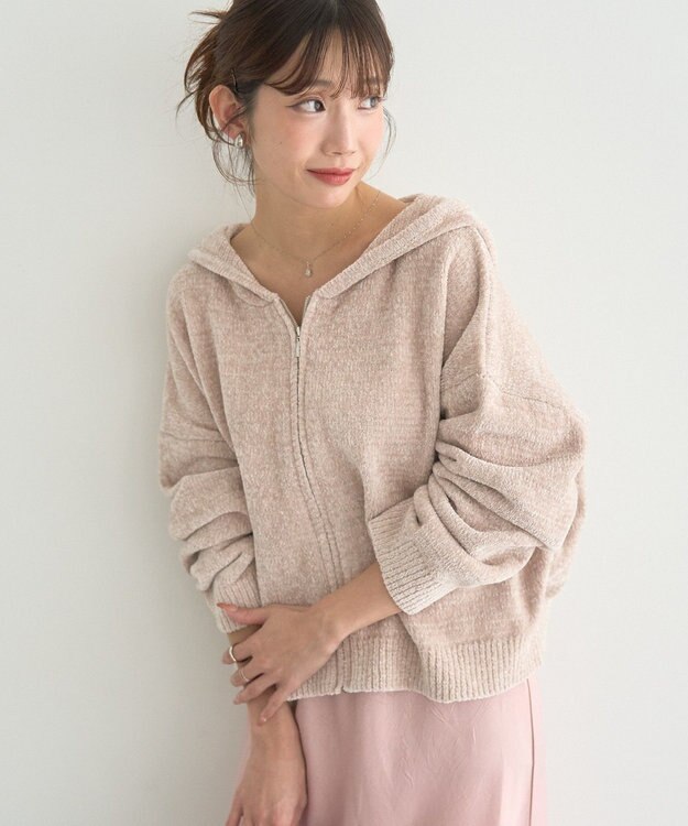 earth music&ecology ベロアフーディージップニットカーディガン Light Beige