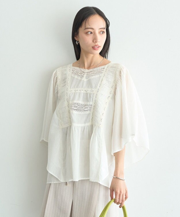 earth music&ecology 【WEB・一部店舗限定】【綿100％】レース＆ピンタックポンチョ Off White