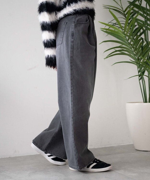 WEGO 【ウエスト調整付き】ウエストフックデニムワイドパンツ スミクロ