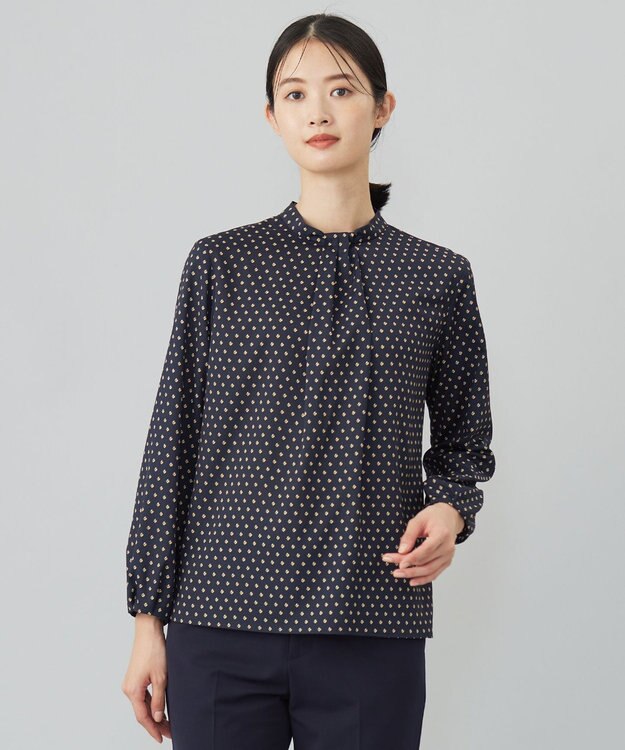 J.PRESS LADIES L 【洗える】ジオメトリックプリント ブラウス ネイビープリント系
