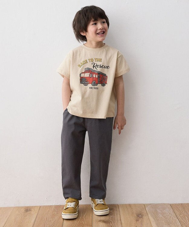 ANY KIDS 車プリント 半袖Tシャツ ベージュ（消防車）