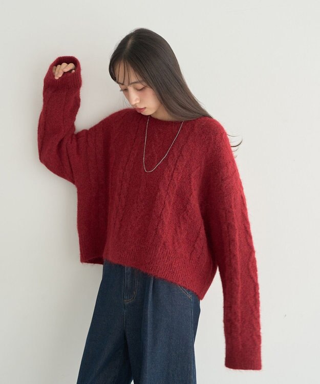 earth music&ecology モヘヤタッチケーブルニットプルオーバー レッド