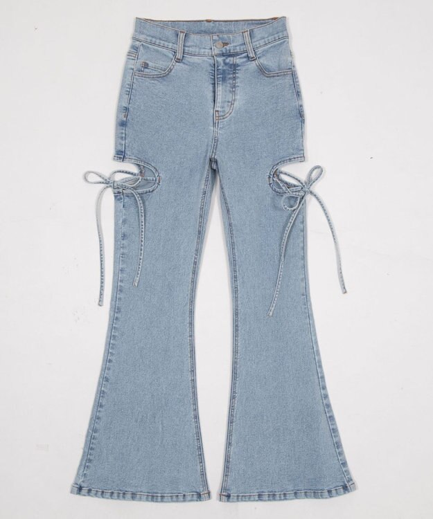 WEGO 【SMサイズ展開/伸びる】カットアウトリボンストレッチフレアデニムパンツ デニム淡加工色