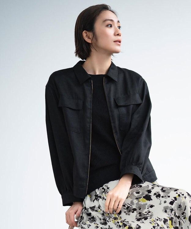 自由区 【XSサイズ～/洗える】ブライトリネンファイユ ジップアップブルゾン ブラック系