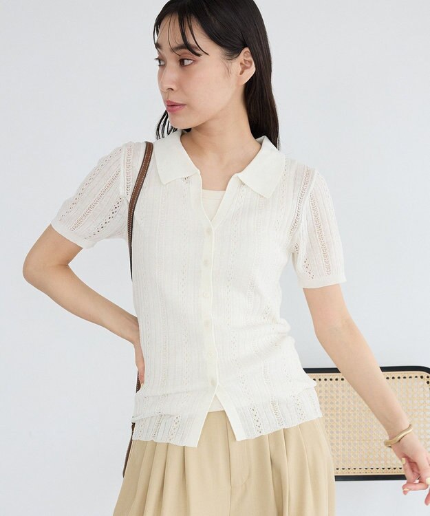 CRAFT STANDARD BOUTIQUE レースニット衿付き半袖カーディガン Off White