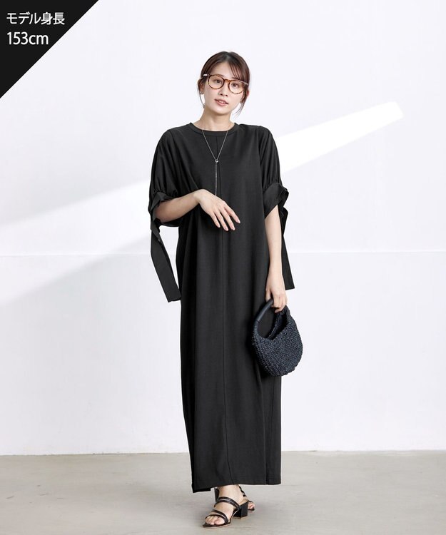 Tiaclasse 【洗える】デザインカフス付きマキシカットソーワンピース ブラック