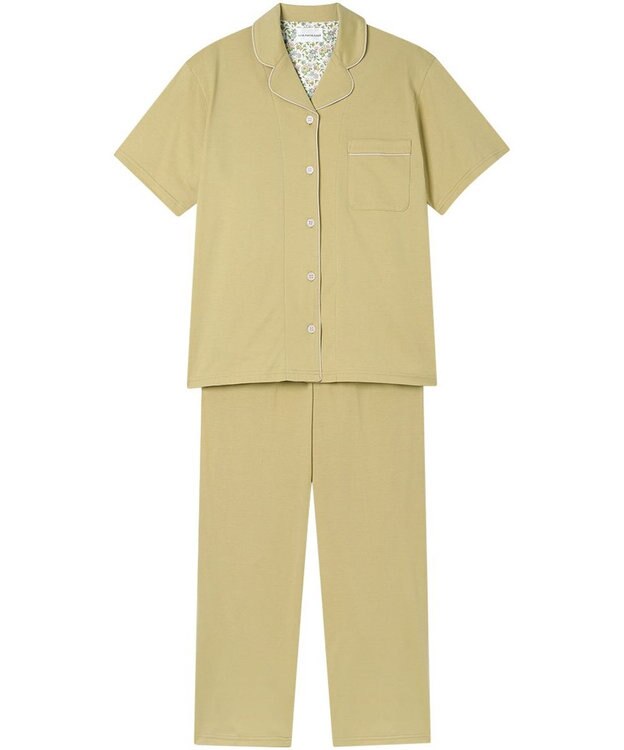 une nana cool 【綿100%】60/2 やわらか天竺 半袖開襟パジャマ MADE WITH LIBERTY FABRIC ダークカーキ