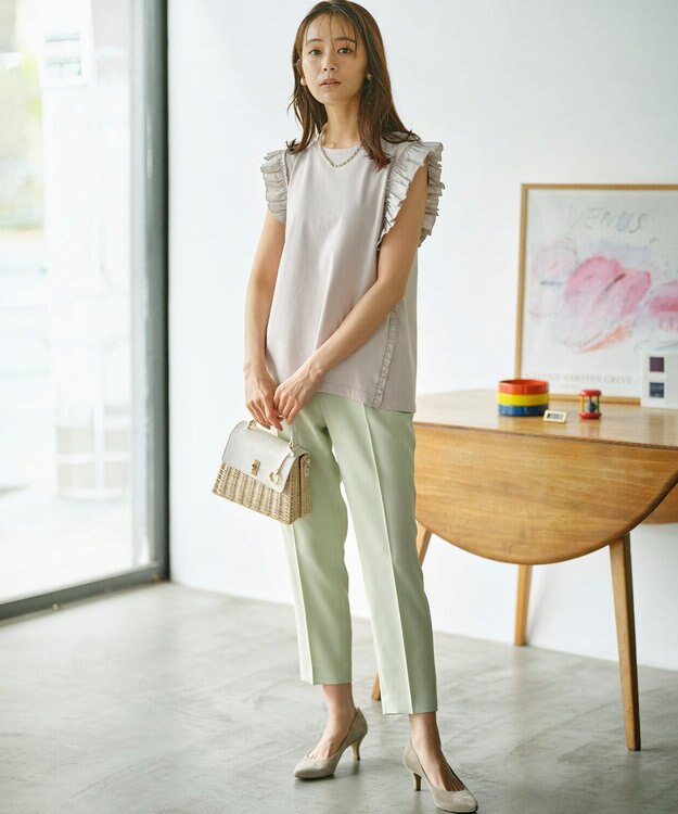 組曲 L Jazzy-Jersey フリル袖Ｔシャツ グレーピンク系