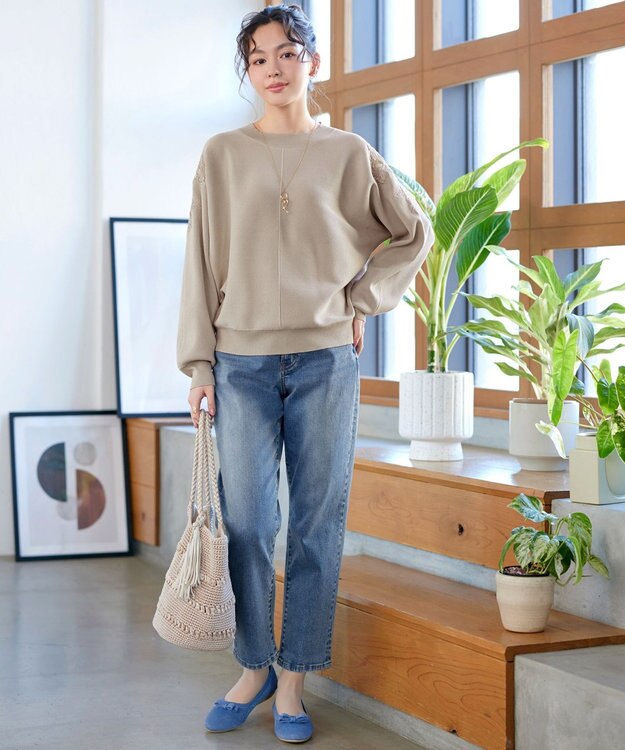 Tiaclasse 肩レースドルマンニットトップス ベージュ