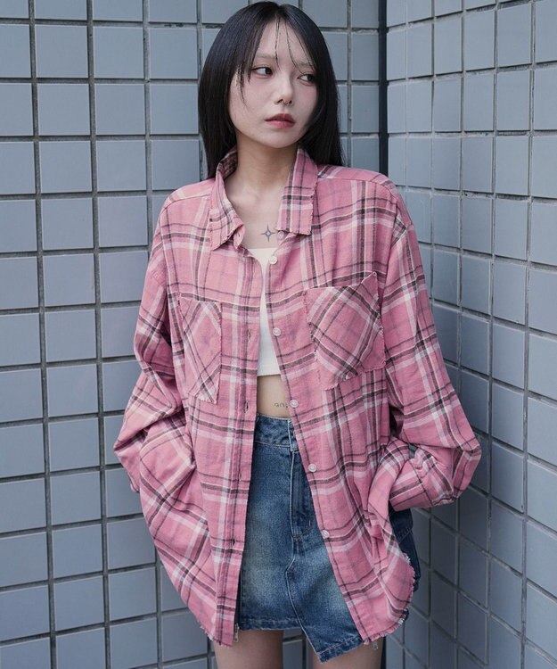 WEGO チェックBIGネルシャツ ピンク