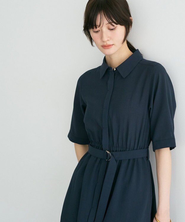 YECCA VECCA 【接触冷感】ベルト付きシャツワンピース Navy