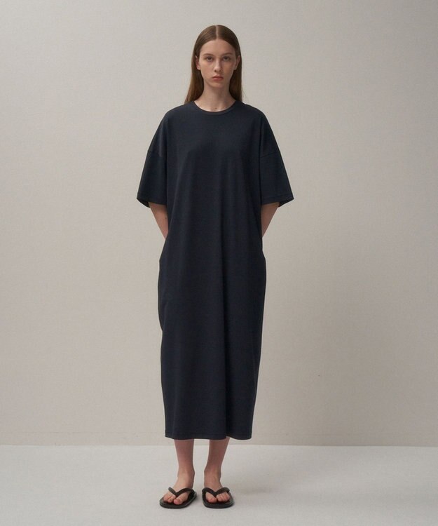 ATON 80/ FRESCA SMOOTH | クルーネックドレス NAVY