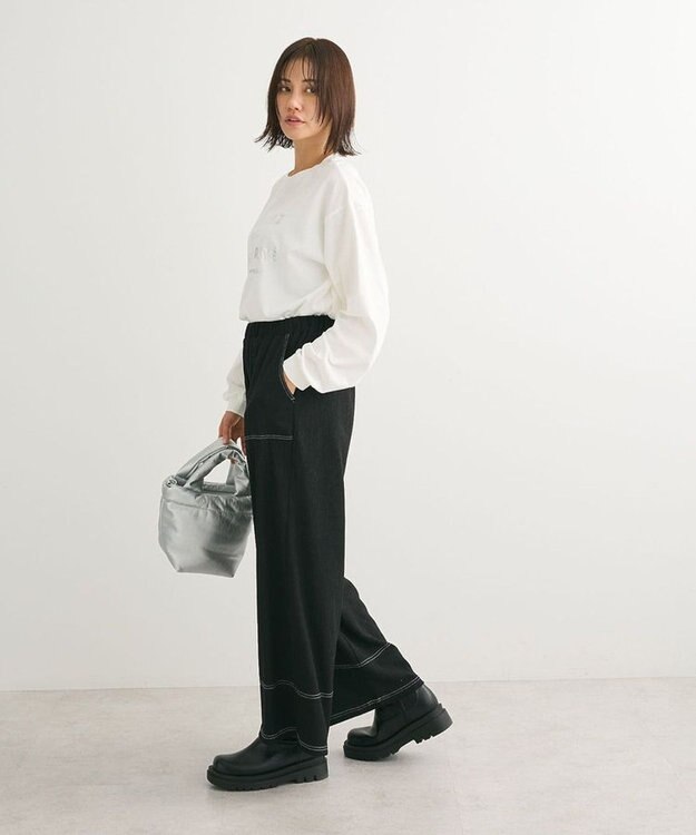 Green Parks 配色ステッチ楊柳イージーパンツ Black