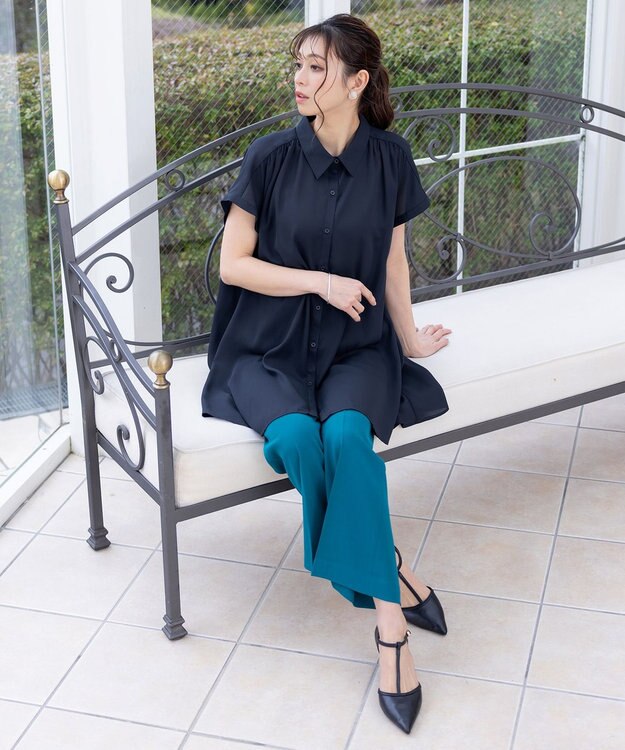 Tiaclasse L 【洗える】フレンチスリーブシャツチュニックブラウス ネイビー