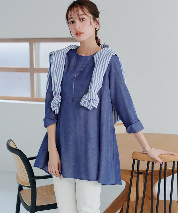 Tiaclasse L 【おのののかさん着用】半袖＆七分袖選べる袖丈バックフレアチュニック 七分袖ブルー