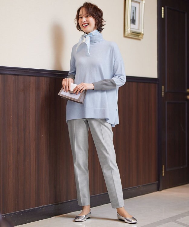 自由区 【XSサイズ～/洗える】TRギャバ ストライプ テーパードパンツ ライトグレー系1