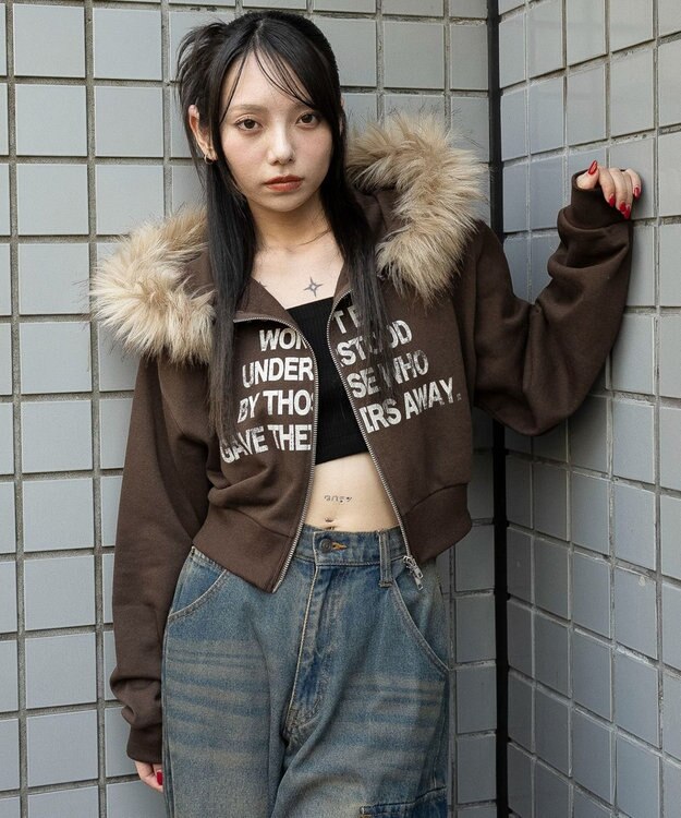 WEGO ファーフードショートZIPパーカー ブラウン