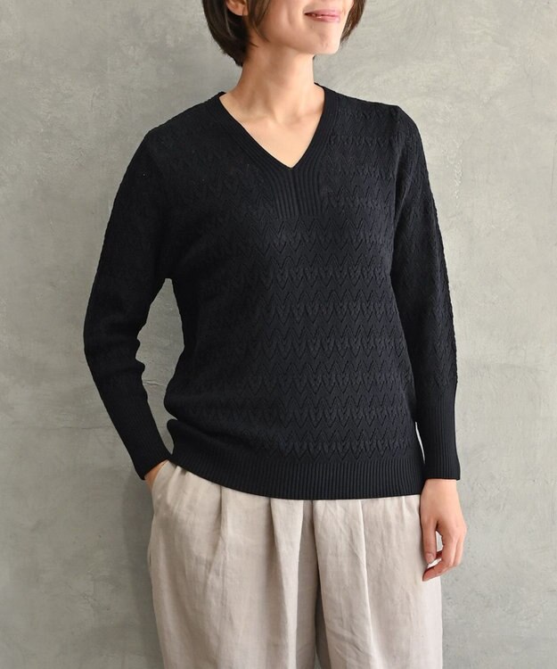 muuc 〈コットン100%強撚糸〉〈通気性が高いドライタッチな素材〉透かし編み 袖口リブ Vネック プルオーバー BLK ブラック