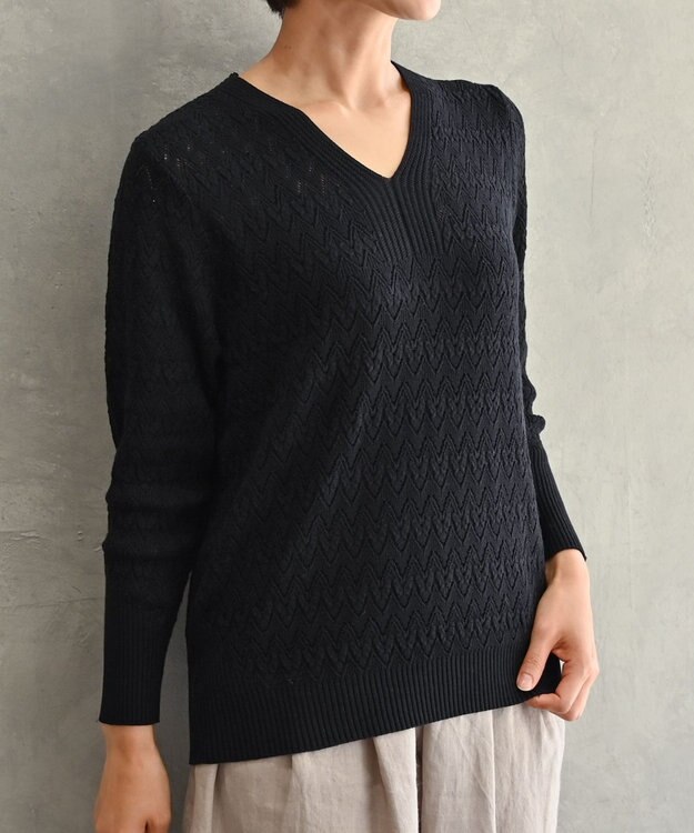 muuc 〈コットン100%強撚糸〉〈通気性が高いドライタッチな素材〉透かし編み 袖口リブ Vネック プルオーバー BLK ブラック
