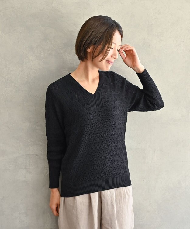 muuc 〈コットン100%強撚糸〉〈通気性が高いドライタッチな素材〉透かし編み 袖口リブ Vネック プルオーバー BLK ブラック