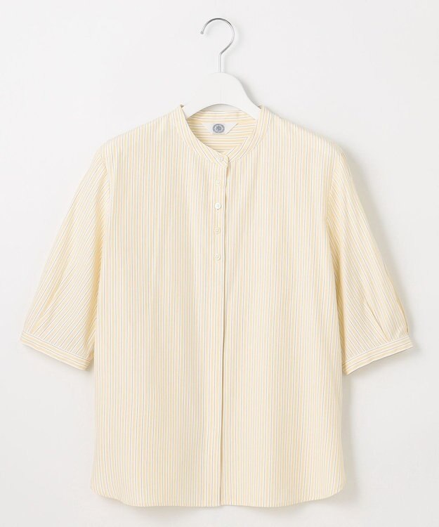 J.PRESS LADIES L 【洗える】ストライプ バンドカラー ブラウス イエローストライプ系