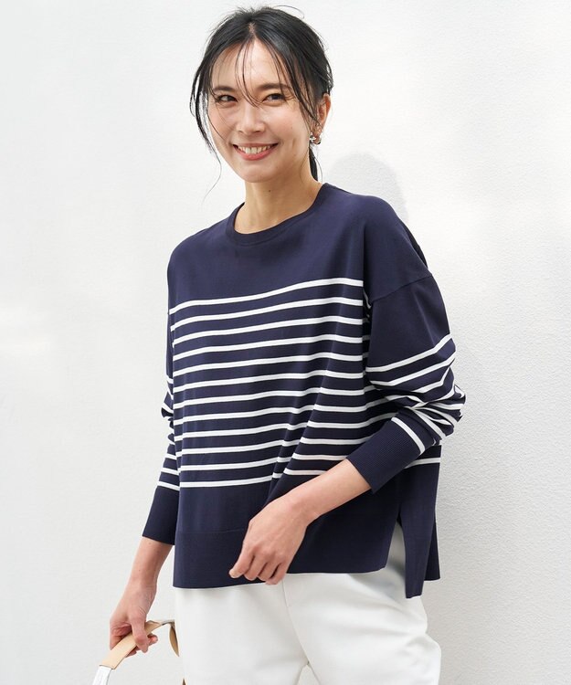 UNFILO L マイビューティ クルーネック ニット ネイビー×オフ