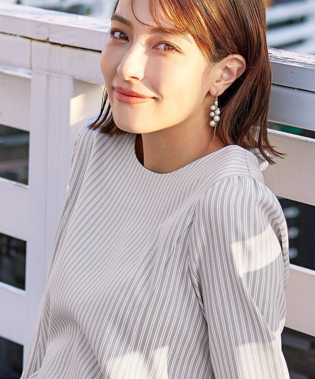 Tiaclasse L 【おのののかさん着用】半袖＆七分袖選べる袖丈バックフレアチュニック 七分袖グレージュストライプ