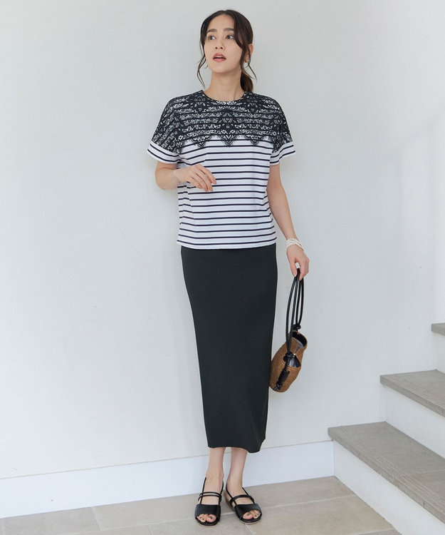 自由区 【洗える】レース Tシャツ オフ×ネイビーボーダー