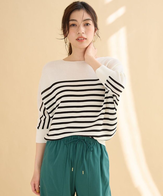 ANY L 【洗濯機可/アンチピリング/UVケア】アクリルガーターニット オフ×ブラックボーダー