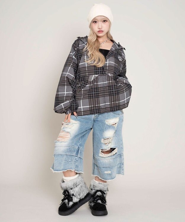 WEGO 【ユニセックス着用ITEM/MLサイズ展開】チェックロゴフードブルゾン ブラックその他