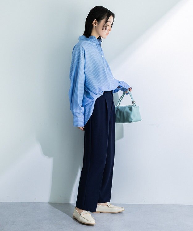 Green Parks イージーケア抜け衿シャツ Stripe Blue