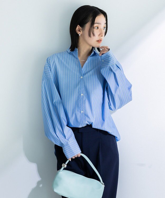 Green Parks イージーケア抜け衿シャツ Stripe Blue