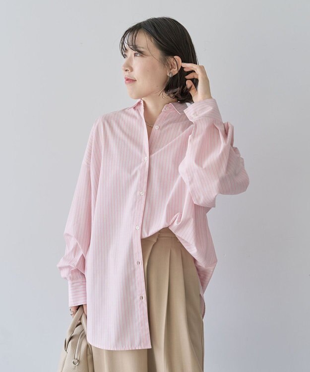 Green Parks イージーケア抜け衿シャツ Stripe Pink