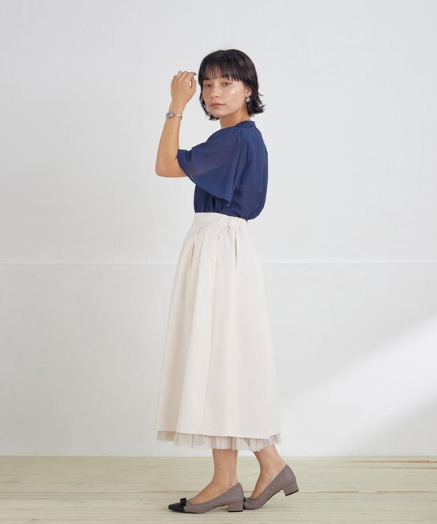 Tiaclasse L 【セットアップ対応・洗える】シアーチェックブラウス ネイビー