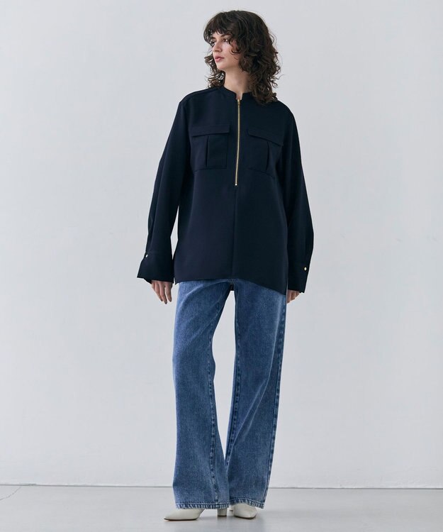 BEIGE， 【洗える】JASMINE / スタンドカラージップブラウス Navy