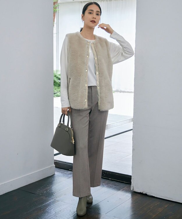 自由区 【撥水加工・洗える】TRギャバチェック柄ストレート パンツ ベージュ系チェック