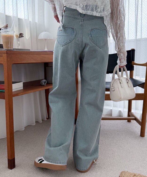WEGO ハートポケットストレートデニムパンツ デニム淡加工色
