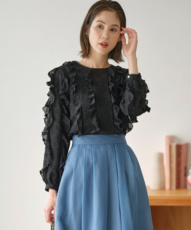 組曲 L フラワーポイントシフォン ブラウス ブラック系