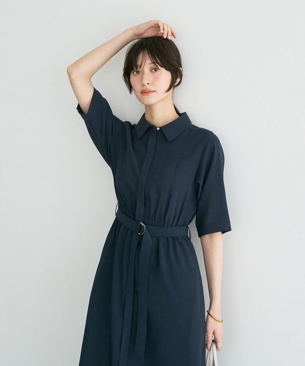 YECCA VECCA 【接触冷感】ベルト付きシャツワンピース Navy