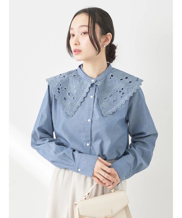 earth music&ecology ２ｗａｙ刺繍衿ブラウス Blue