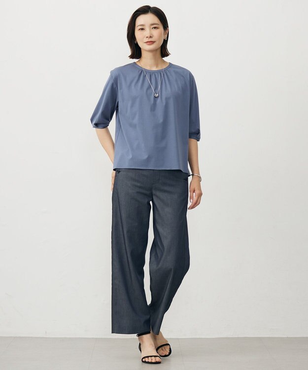 J.PRESS LADIES L 【洗える・防シワ・速乾】ツイルシャンブレー ワイド パンツ ネイビーシャンブレー系